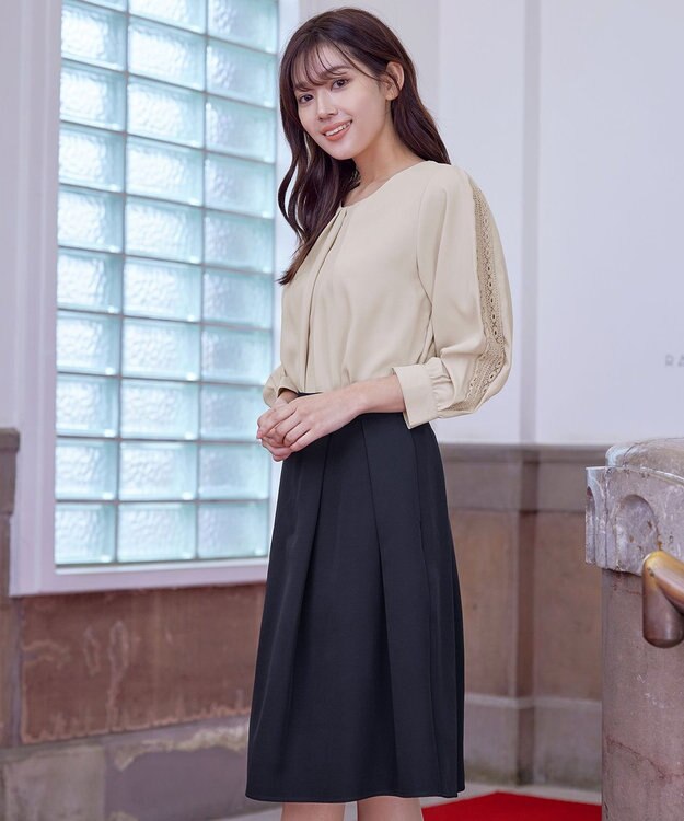 Tiaclasse 【洗える】大人上品なフレアタックスカート ネイビー