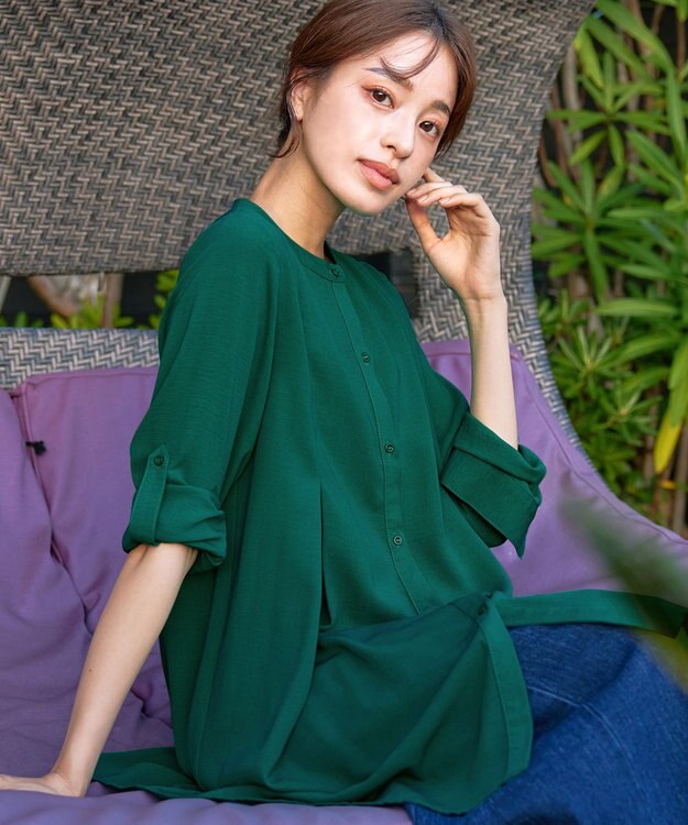 Tiaclasse 【新色追加・洗える】バンドカラーシャツチュニックブラウス グリーン