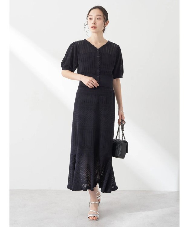 earth music&ecology ２点ＳＥＴ透かし編みカーディガン＋裾フレアスカート Dark Navy