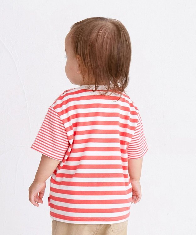 MIKI HOUSE HOT BISCUITS 【80-120cm】 ポケット付き 先染め ボーダー柄 半袖Tシャツ コーラルピンク
