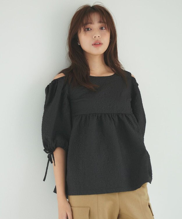 Feroux 【洗える】フクレジャガードチュニック ブラウス ブラック系