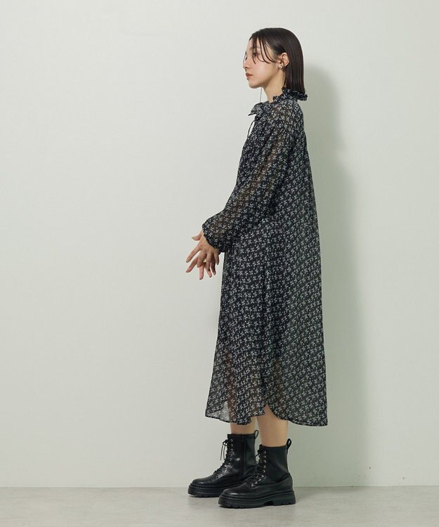 Green Parks 花柄シフォン楊柳ワンピース Black