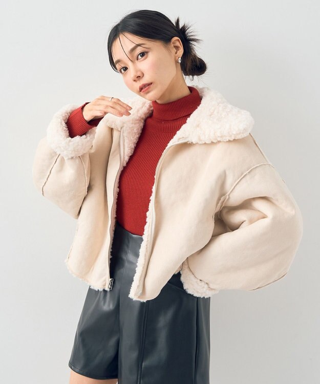 earth music&ecology リバーシブルフェイクムートンショートブルゾン アイボリー