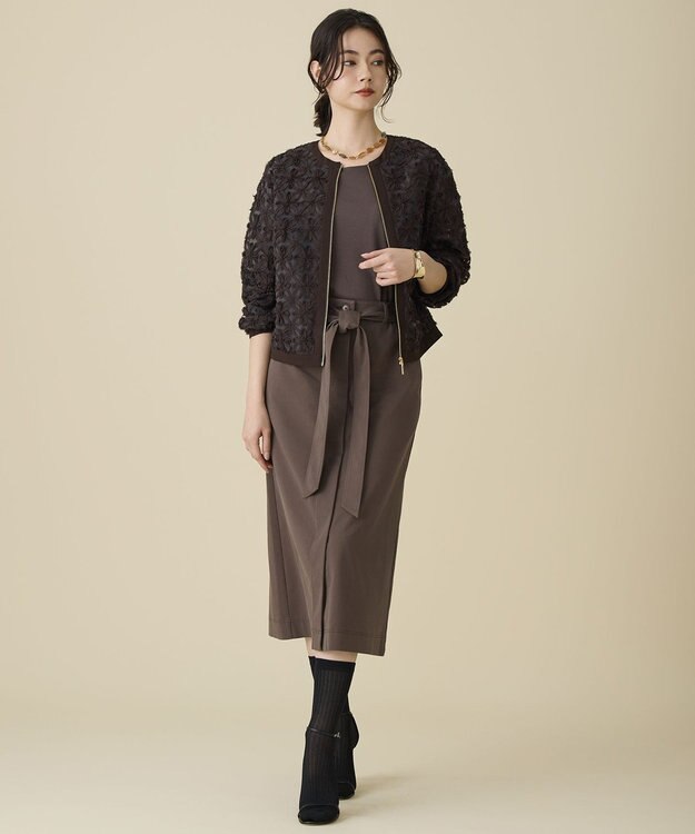 自由区 L ブラッシュドコットンサテンナロー スカート ダークブラウン