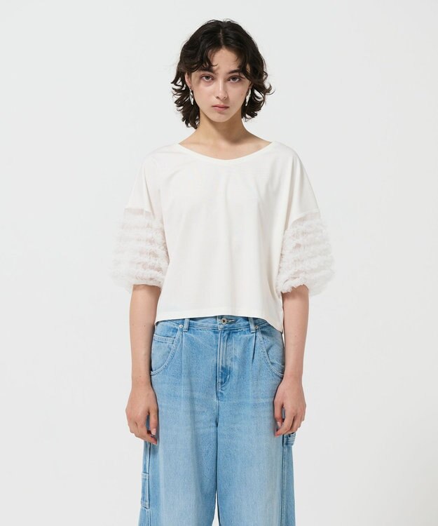 GRACE CONTINENTAL チュールフリルスリーブトップ ホワイト