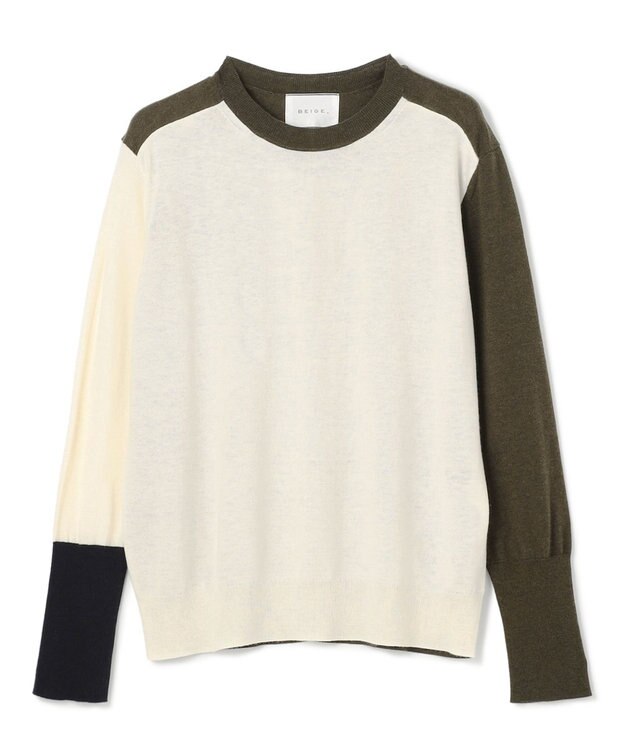 BEIGE， 【洗える】BURNET / カラーミックスクルーネックトップス Ecru×Khaki×Navy