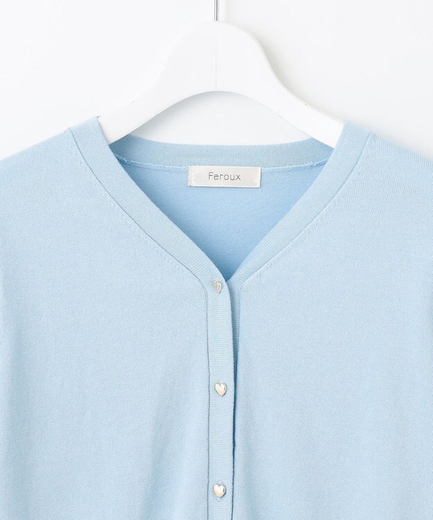 Feroux 【洗える・接触冷感・UVカット】ハートボタン7分袖 カーディガン スカイブルー系