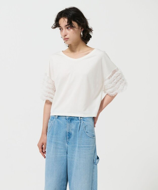 GRACE CONTINENTAL チュールフリルスリーブトップ ホワイト