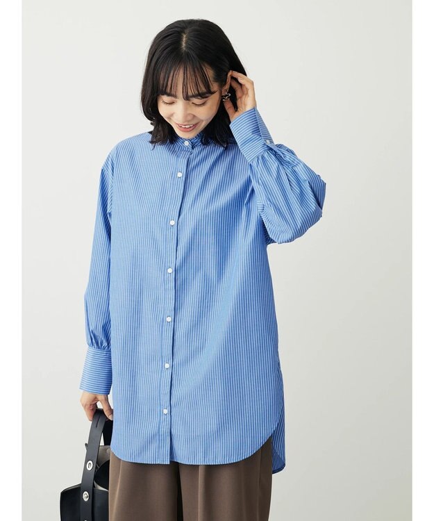 Green Parks イージーケアスタンドフリルシャツチュニック Stripe Blue