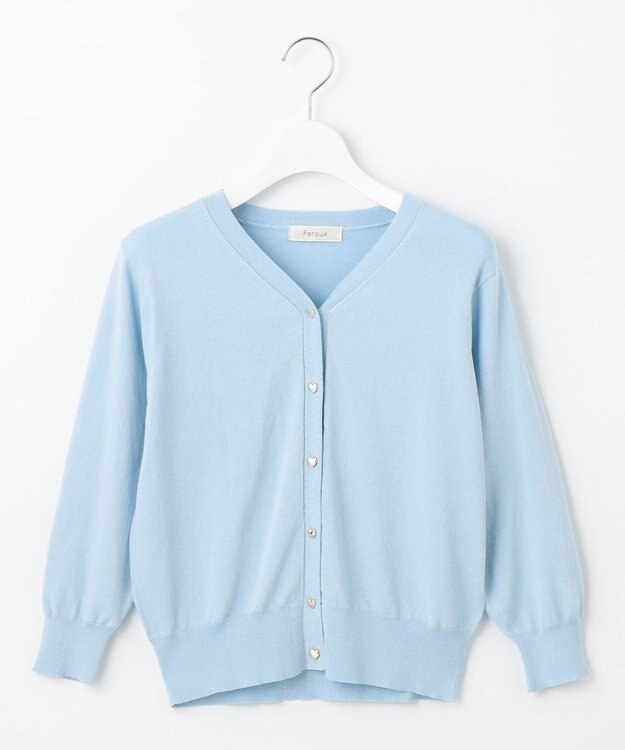 Feroux 【洗える・接触冷感・UVカット】ハートボタン7分袖 カーディガン スカイブルー系