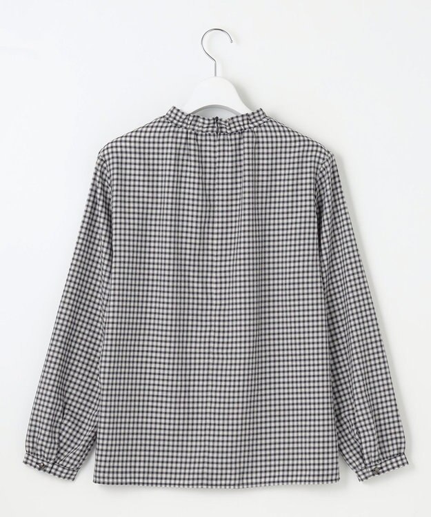 J.PRESS LADIES S 【洗える】ポリエステルヴィスコースブロックチェック フリルネック ブラウス チャコール×ピンク系