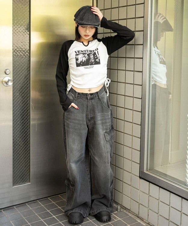 WEGO キーネックサイドドロストラグランロンT ブラック