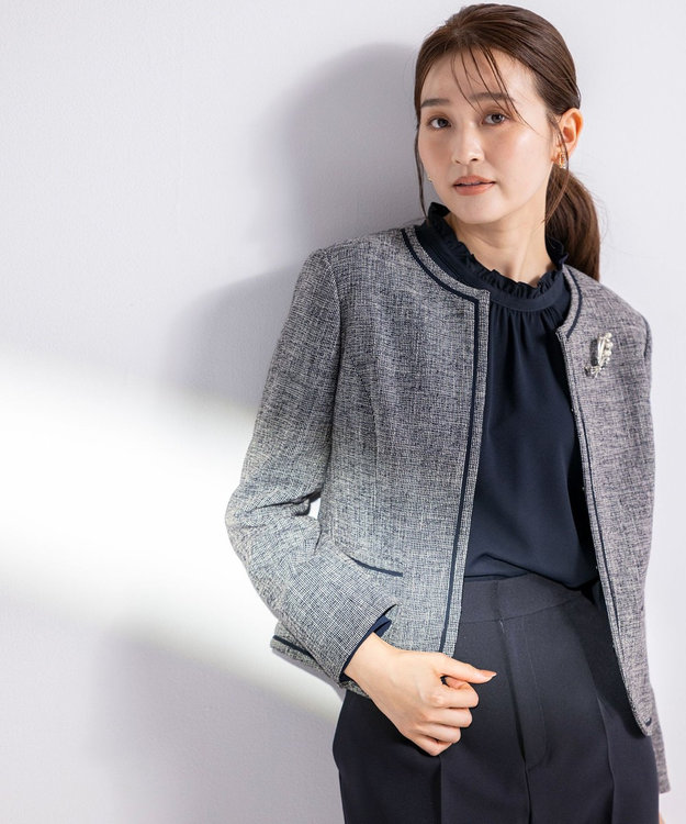 ANY SIS L 【洗える】ライトストレッチ ツイード ジャケット ネイビーシャンブレー