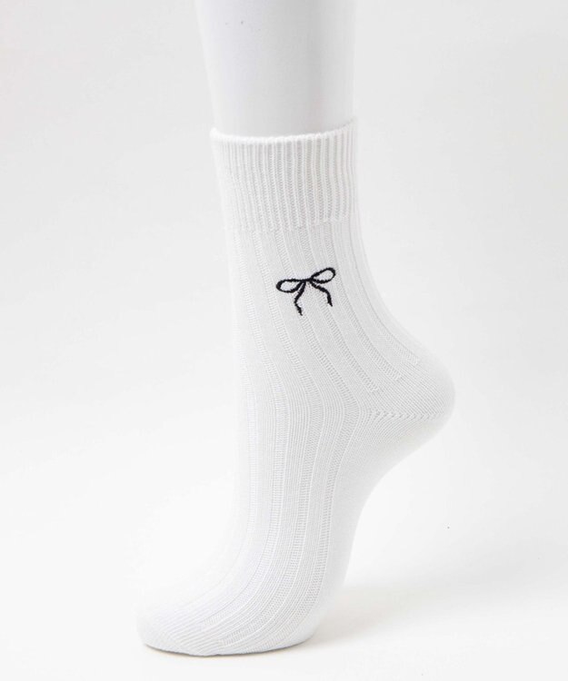 WEGO 【SCHOOLITEM】ローゲージリボン刺繍ソックス ホワイト