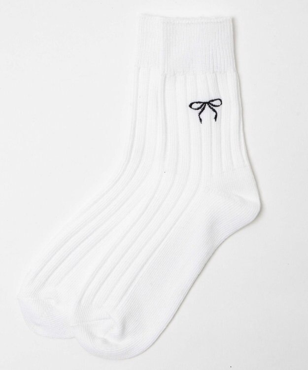 WEGO 【SCHOOLITEM】ローゲージリボン刺繍ソックス ホワイト