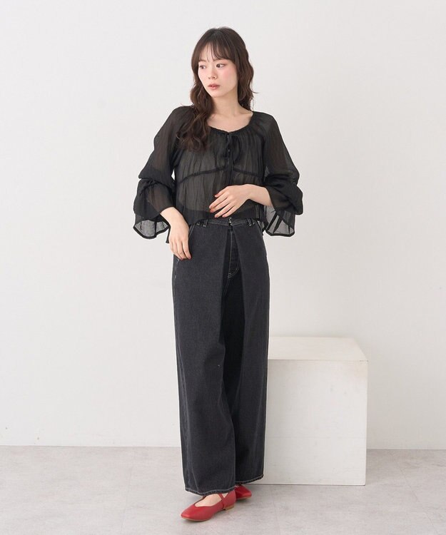 earth music&ecology ナローリボンくしゅくしゅギャザーブラウス Black