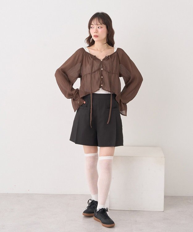 earth music&ecology ナローリボンくしゅくしゅギャザーブラウス Brown