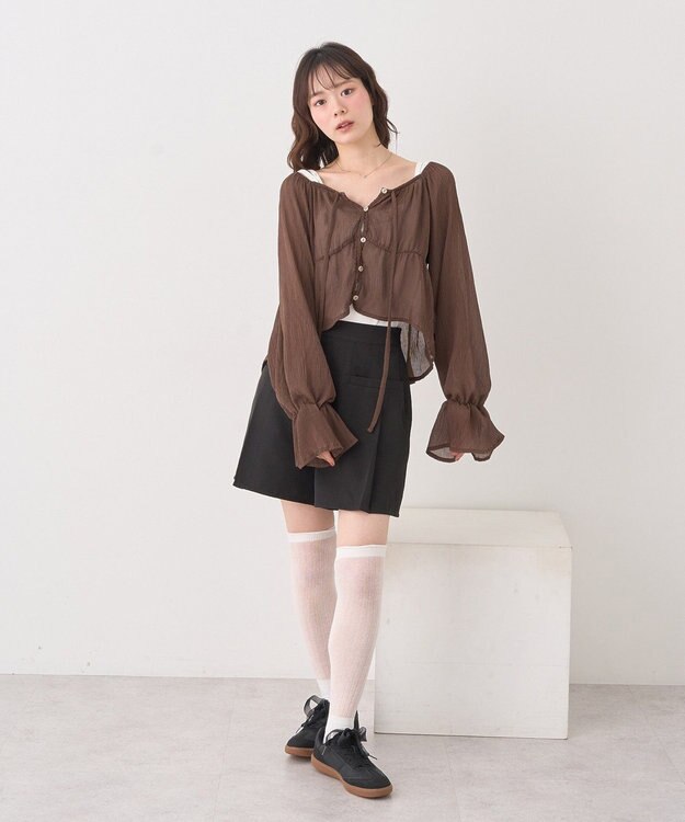 earth music&ecology ナローリボンくしゅくしゅギャザーブラウス Brown