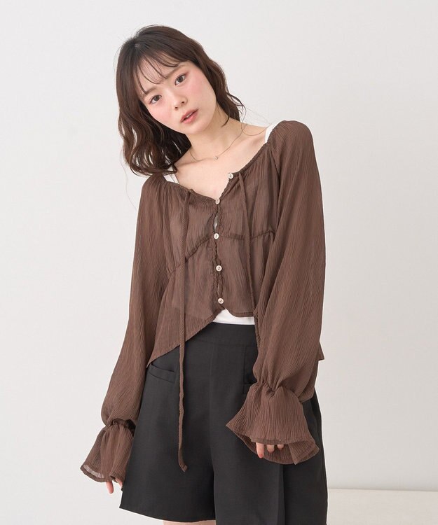 earth music&ecology ナローリボンくしゅくしゅギャザーブラウス Brown