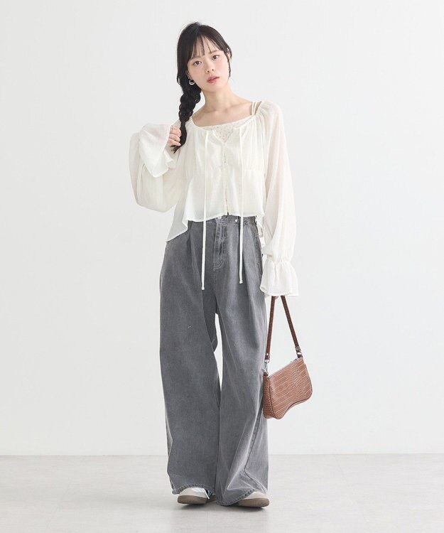 earth music&ecology ナローリボンくしゅくしゅギャザーブラウス Ivory