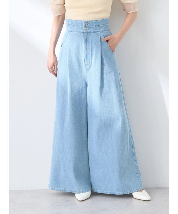 earth music&ecology ダブルベルトデザインワイドパンツ Light Indigo