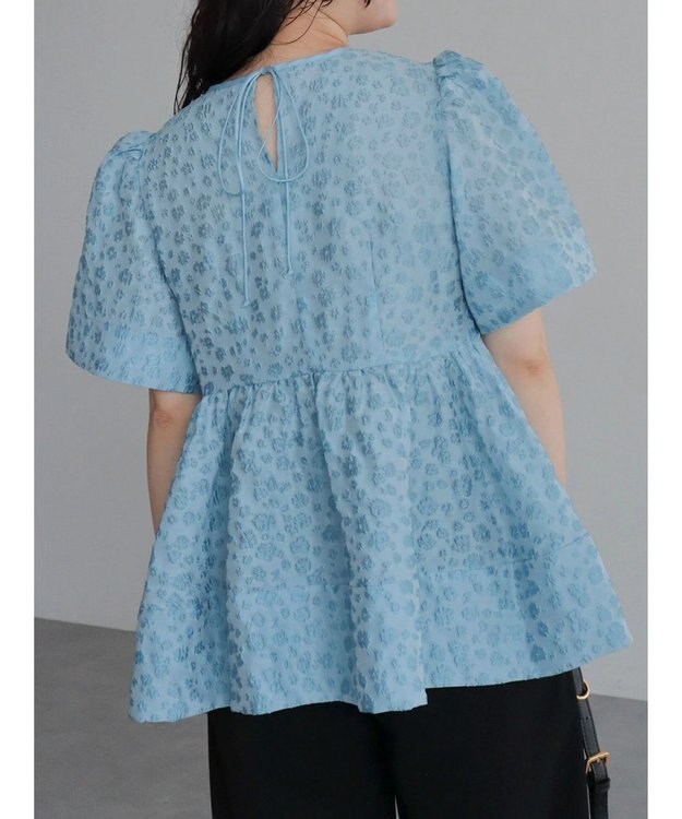 Green Parks パフスリーブジャガードペプラムブラウス Sax