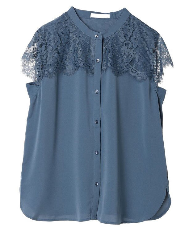 Green Parks 胸元レースフレンチスリーブブラウス Blue