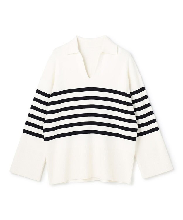 uncrave スウェットライクニット スキッパートップス オフ×ネイビーボーダー