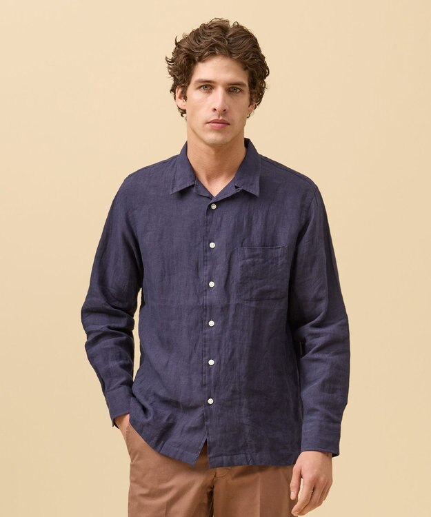 J.PRESS MEN 【LIBECO】リネンオープンカラー シャツ ネイビー系