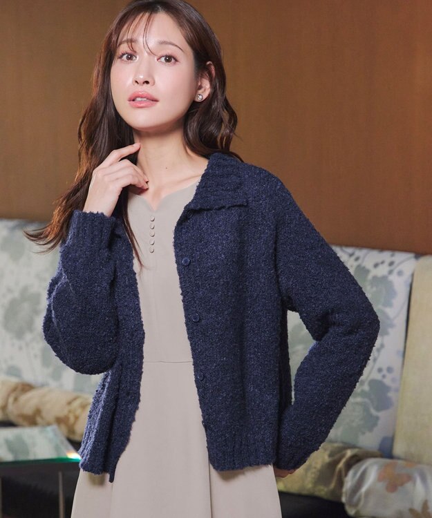 Tiaclasse 【着丈が選べる】ハイネックブークレカーディガン ショート丈ネイビー