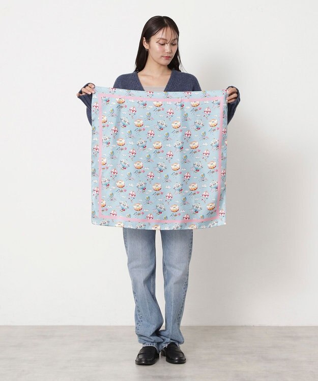 MOONBAT PAUL&JOE ACCESSOIRES(ポール & ジョー) シルクスカーフ 空 オーステルリッツ記念柱 ネコと毛糸 気球 65cm×65cm 手洗いOK サックスブルー