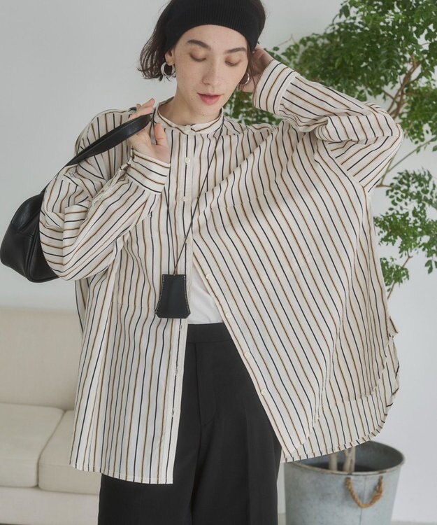 WEGO 着丈が選べる オーバーサイズ バンドカラー シャツ / ストライプ / 無地 柄1