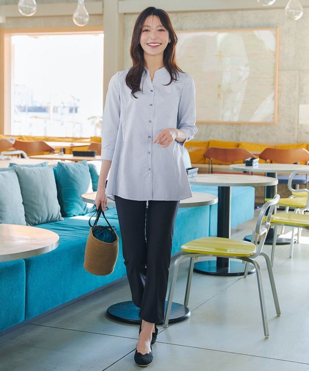 Tiaclasse バックタックフレアチュニック ネイビーストライプ