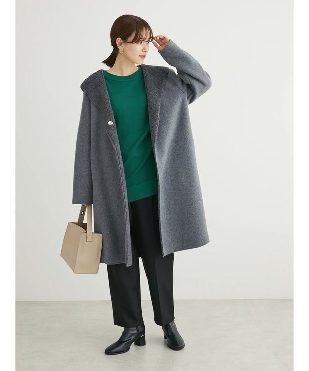 Green Parks フード付き裏ボアロングコーディガン Gray Mixture