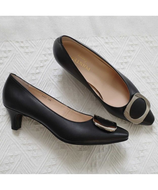 Pointer 【5cmヒール】日本製 高級本革モチーフ付きパンプス ブラック