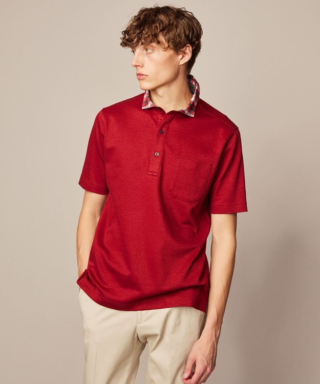 JOSEPH ABBOUD 【リネン素材/清涼感/吸水速乾】リネンハニカム 半袖 ポロシャツ レッド系