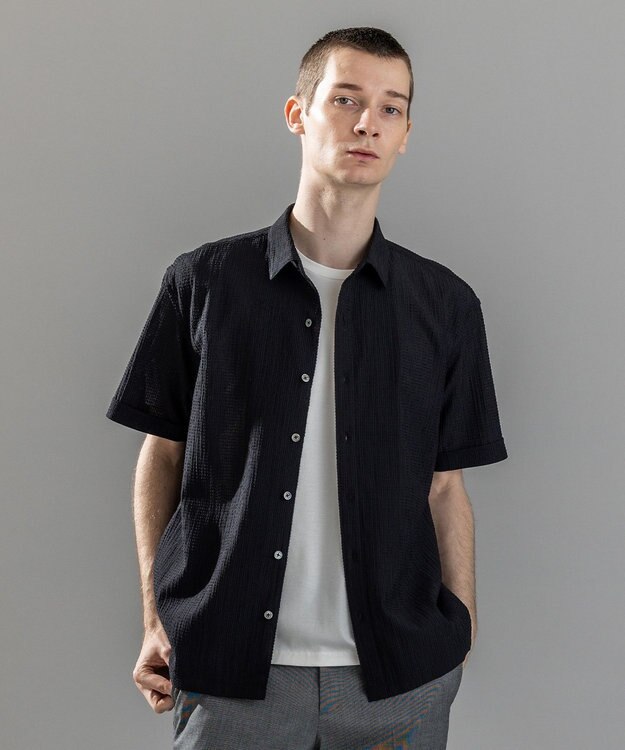 JOSEPH HOMME 新素材【通気性/ストレッチ】トリコサッカーストレッチ 　レギュラーカラー半袖シャツ ブラック系