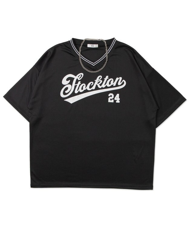 WEGO 【ユニセックス着用ITEM/2点セットネックレス付き/MLサイズ展開】アクセ付きラインリブメッシュプルオーバー ブラック