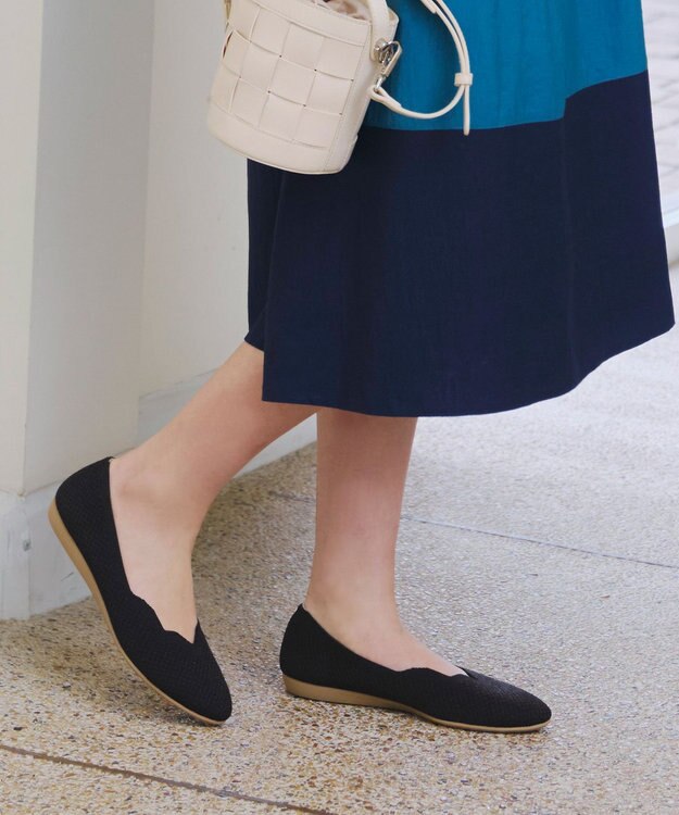 Tiaclasse 【洗える/撥水】スカラップニットフラットパンプス ブラック