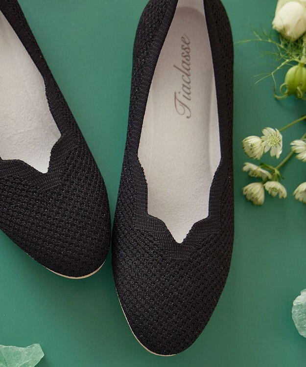 Tiaclasse 【洗える/撥水】スカラップニットフラットパンプス ブラック