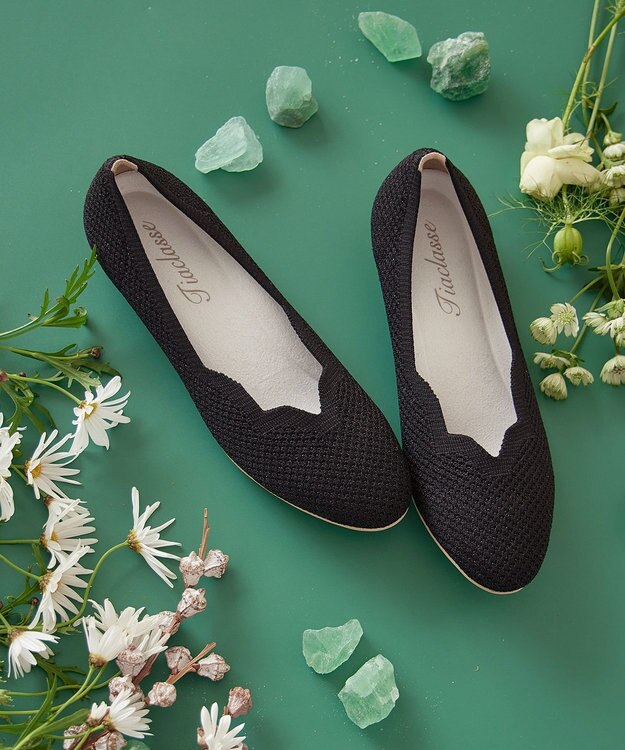 Tiaclasse 【洗える/撥水】スカラップニットフラットパンプス ブラック