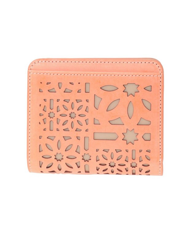 genten マルチカットワークミニ 2つ折り財布 コーラルピンク