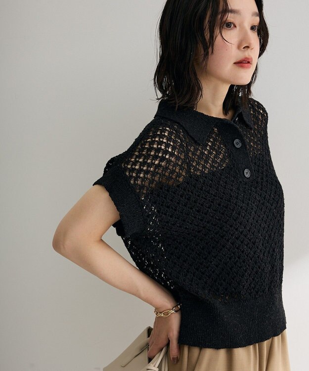 Green Parks 衿付き透かし編みニットプルオーバー Black
