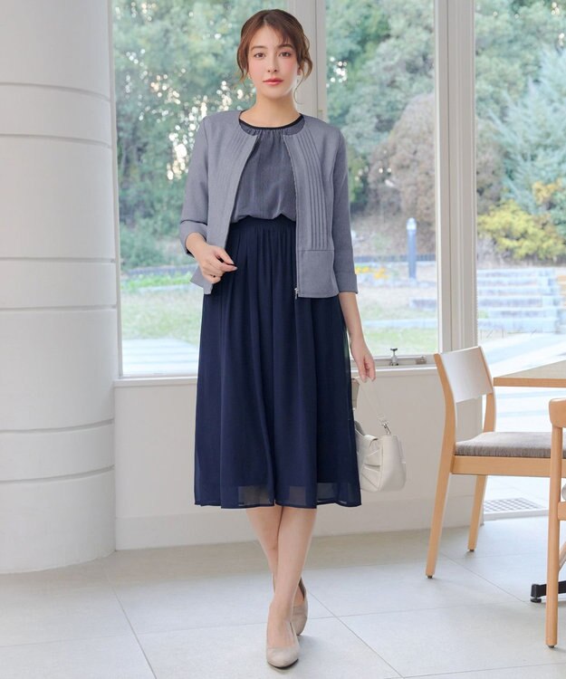 Tiaclasse L ブラウジングシフォンワンピース ネイビーストライプ