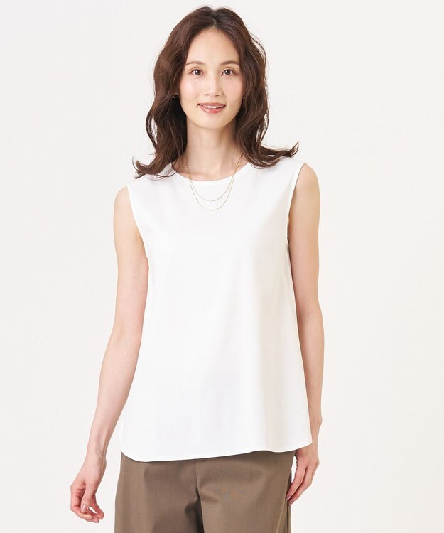 J.PRESS LADIES 【レイヤードスタイルに】コットンスムース ノースリーブ シャツテール カットソー ホワイト系