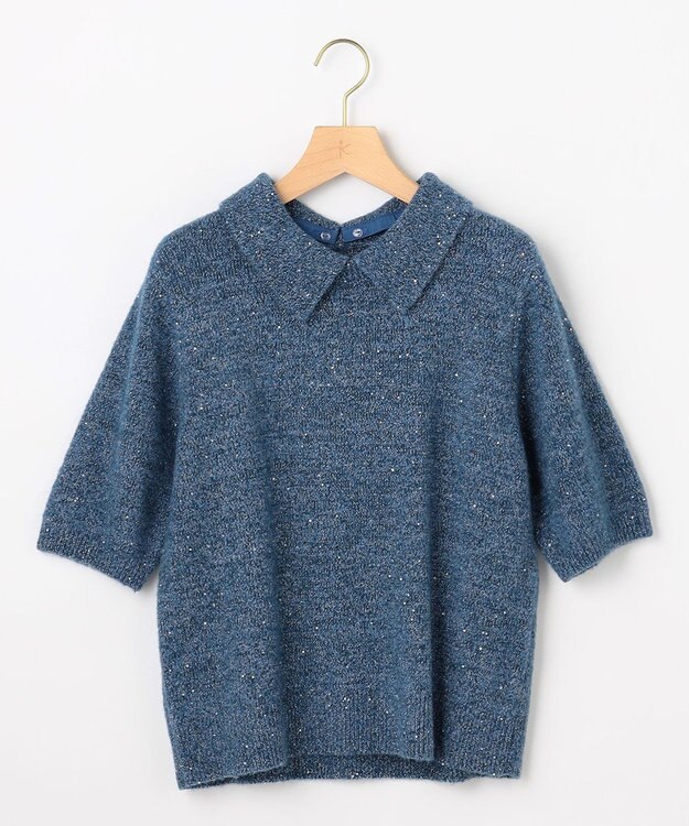 組曲 【加藤ローサさん着用 / 襟取り外し可】スパンコールヤーン 5分袖ニット ブルー系