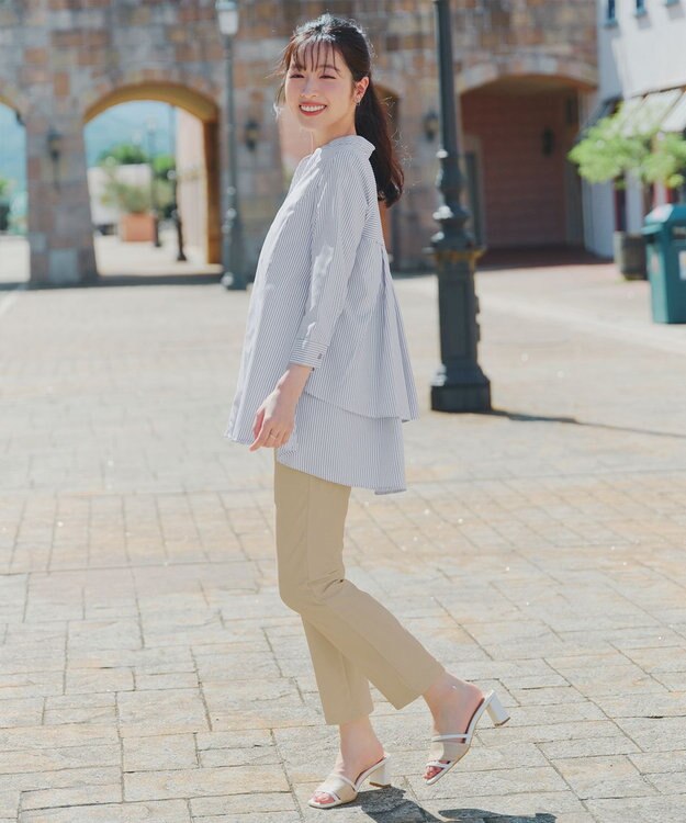 Tiaclasse バックタックフレアチュニック ネイビーストライプ