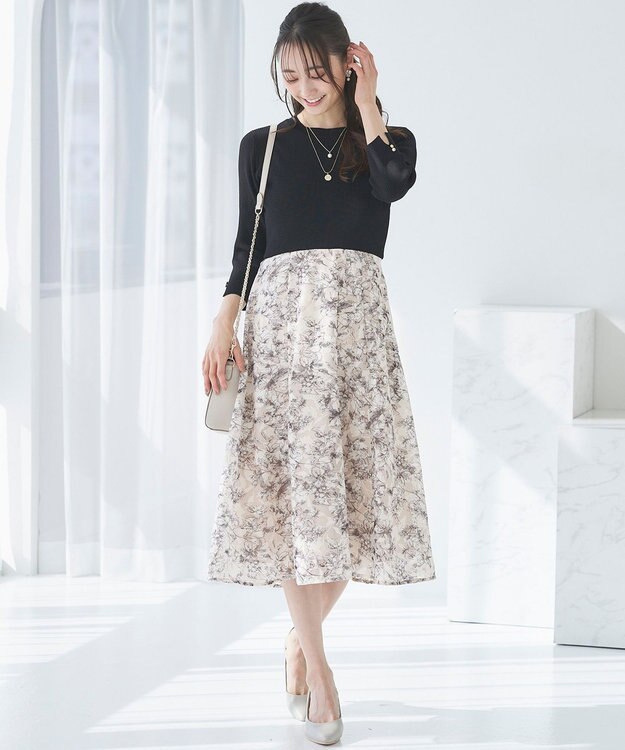 ANY SIS 【洗える】フラワープリントドッキングニット ワンピース ブラック系