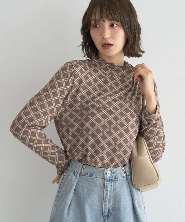 earth music&ecology 【吸湿発熱】あったかフェミニンインナー(シアーハイネック) Check Brown