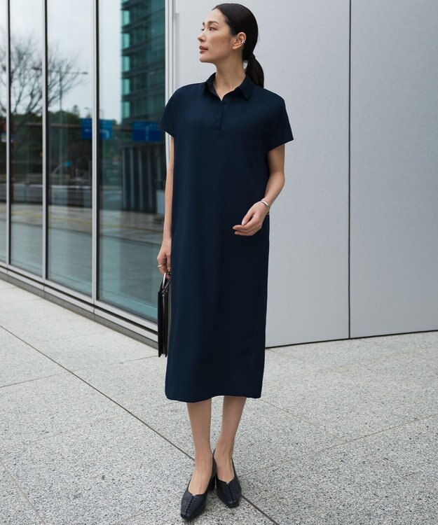 ICB 【先行予約・WEB限定】FluidBackSatin ニット衿シャツワンピース ネイビー